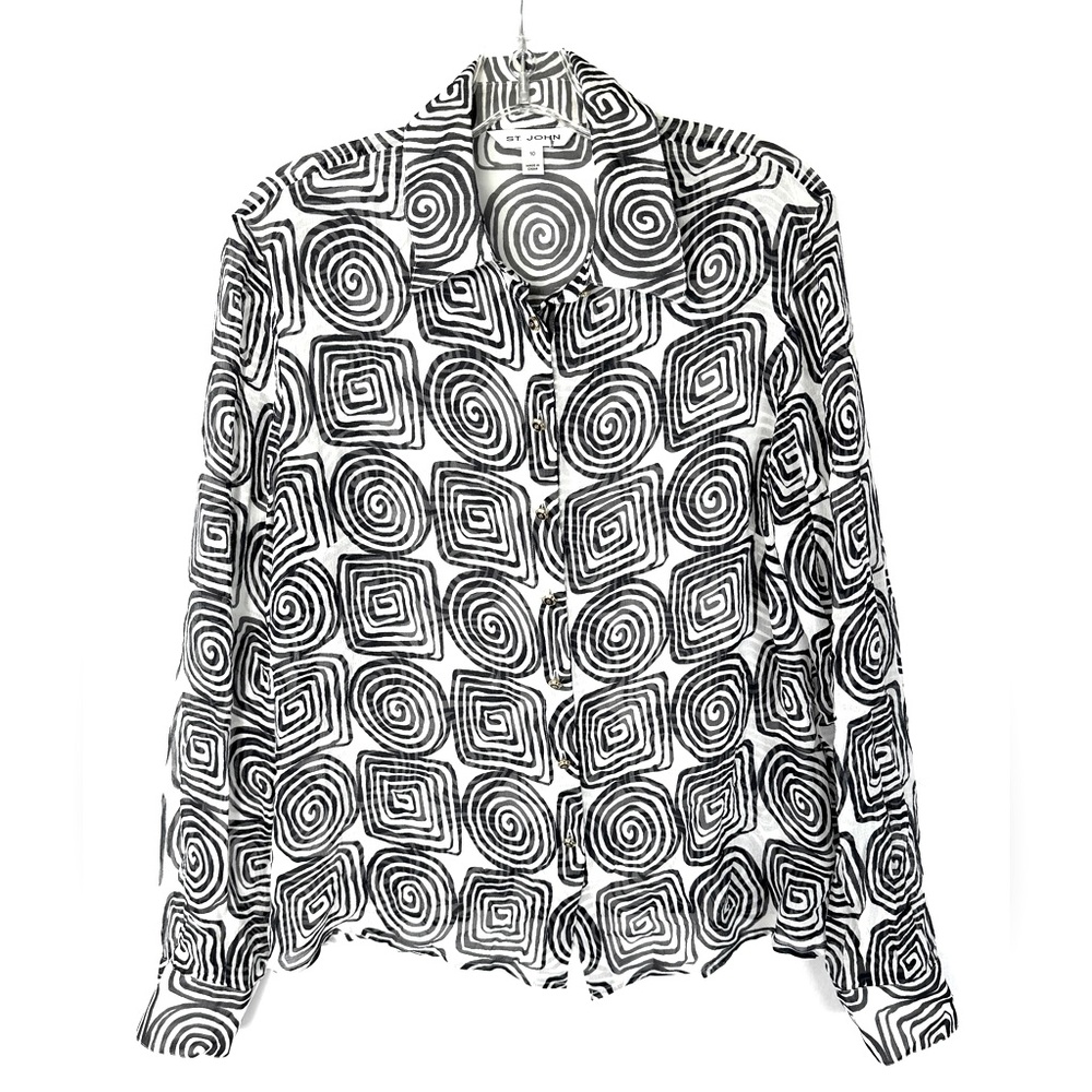 St John Women Size 10 Black White Swirls Silk Top Long Sleeve Gold Logo Buttons